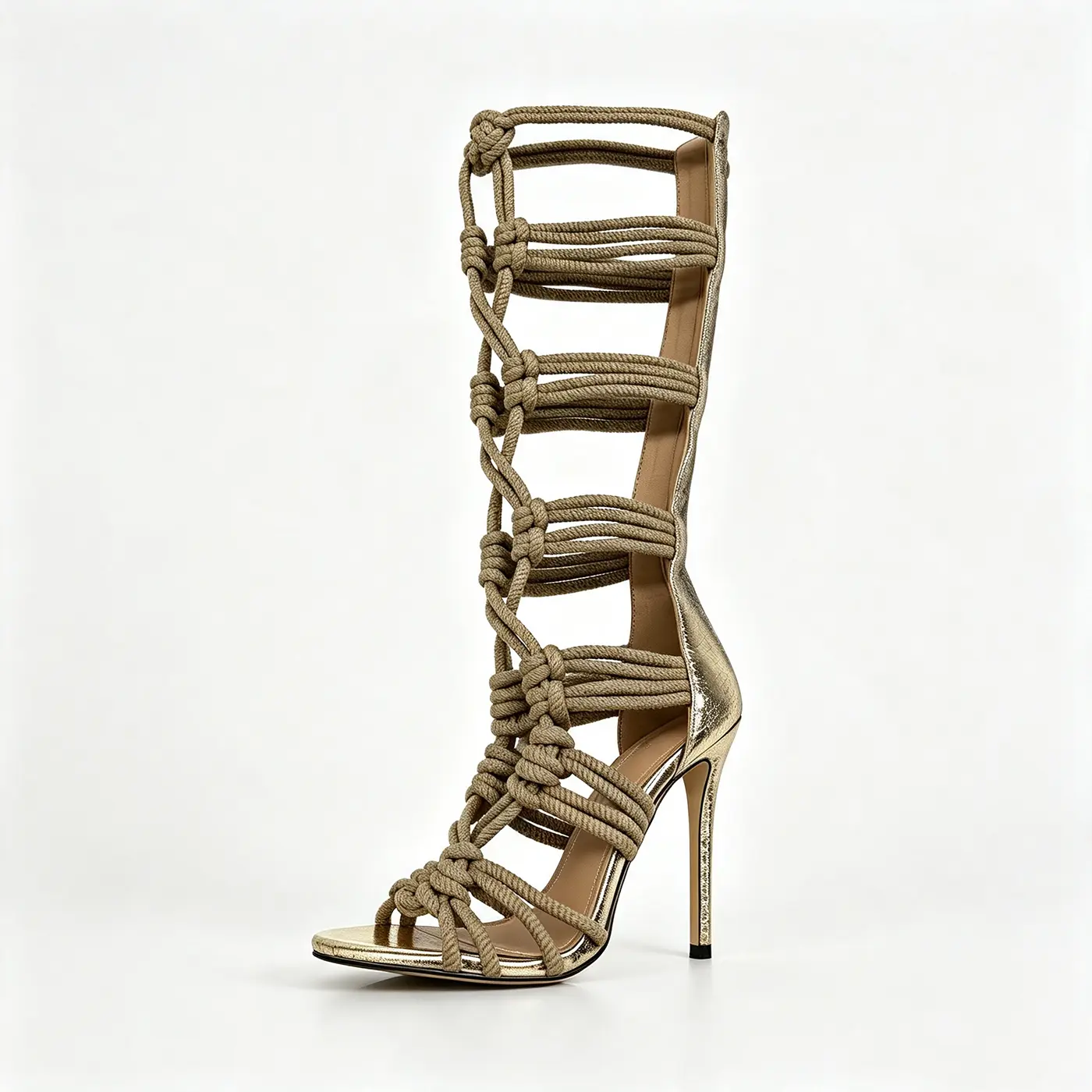 Pre Order Custom Made Gold Metallic Tall Gladiator Stiletto Sandals Womens Hand Knotted Rope Cutout Design Open Square Toe Thin Super High Heel Back Zipper Closure Bohemian Luxury Summer Footwear Unique Braided Rope Straps For Beach Vacations