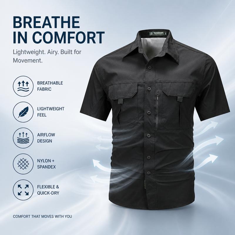 Men's Classic Collared Short-Sleeve Button-Up Plain Casual Shirt - Loose Fit, High-Quality Nylon-Cotton Fabric, Hidden Vents, Breathable, Classic Cut, Modern Vibe, Black Nylon Men's Casual Shirts for Beach-to-Office Summer Outdoor Use