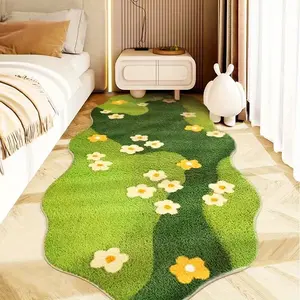 1pc Ins Style Green Plant Living Room Decoration Carpet Fluffy Soft Green Plush Rug Irregular Shape Bedroom Bedside Carpet Home Living Room Long Floor Mat Decorative Area Rug Home Decorative Rug