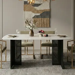 Modern-Style Rectangular Tempered Glass Dining Table for 6 with Marble-Patterned Design & Black Hollow-Out Metal Legs Ideal for Living Rooms & Home Offices