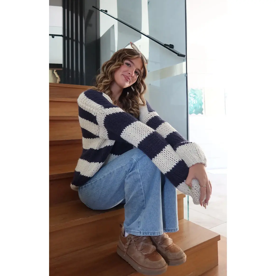 Delvey Navy Striped Chunky Knit Sweater
