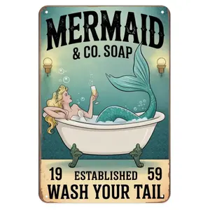 Mermaid Soap Tin Sign, Vintage Mermaid Bathtub Wash Your Tail Metal Sign Print Aesthetic Room Decor for Home Kitchen Bar Bathroom Wall Art, 8 X 12 in Style