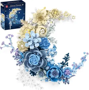 Blue Moon Flower Building Set, Artificial Flower Decoration for Home Bedroom Office Shelf