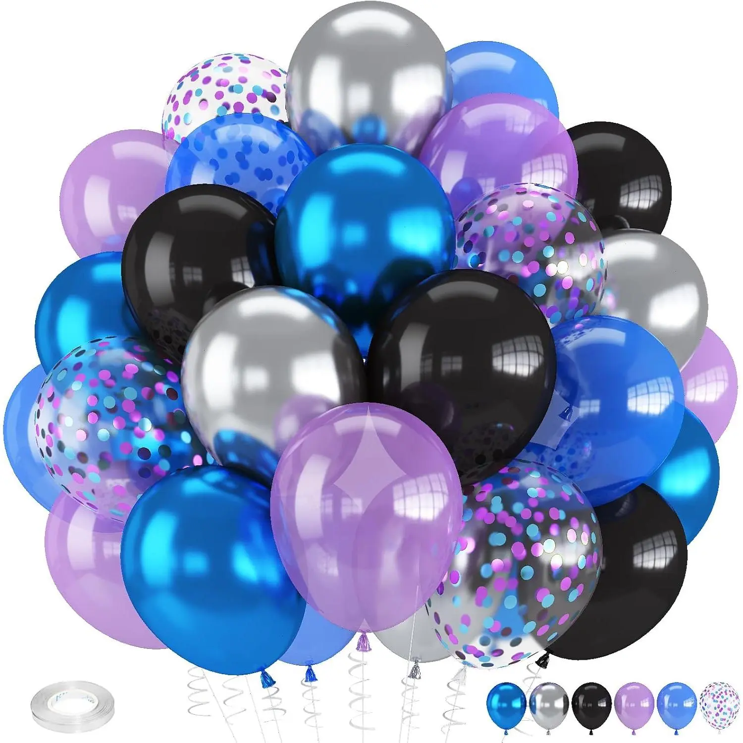 12-Inch Strong Metallic Balloon Set - Black, Blue, Purple, Silver Confetti Balloons for Boys' Kids' Outer Space Astronaut, Video Game Party Decorations