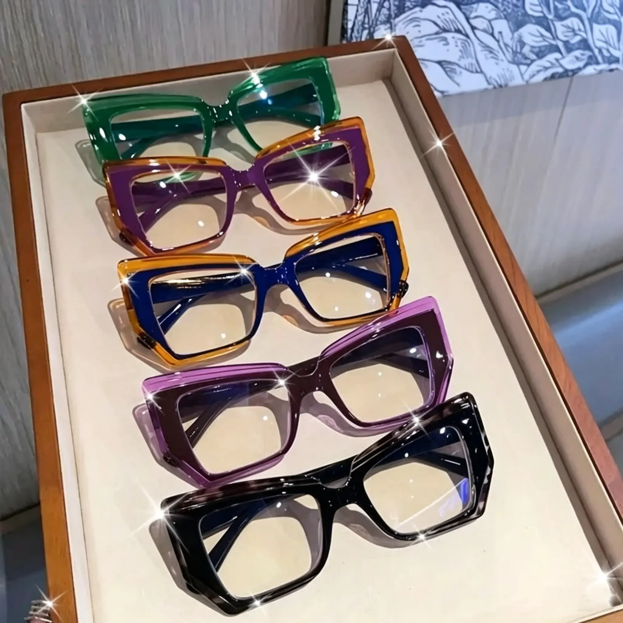 2026 New Retro Cat Eye Glasses 5-Pack Set, Oversized Geometric Polygon Frame Fashion Eyewear, Color Block Vintage Inspired French Oil Painting Style Non Prescription Glasses for Women Men Daily Wear, Casual & Formal Outfit Accessories