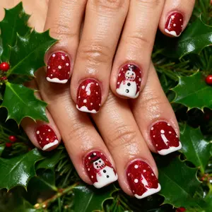 Christmas 24pcs Short Square Snowman, Snowflakes, Glitter Design French Tip Press On Nails Fit Perfectly Design Acrylic False Nails Set, Include: 1pc Jelly Glue And 1pc Nail File, Christmas Nails Nails For Ladies Daily Wear And Holidays