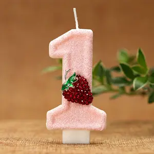 Strawberry birthday candles, pink number candles, strawberry pattern glitter cake decorations, birthday party supplies, anniversary decorations, Ornaments