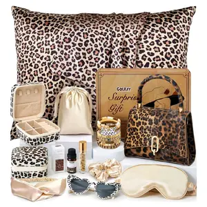 Gifts for Women - 19Pcs  Gifts Basket with Brown Leopard Satin Pillowcase/Handbag, Christmas Birthday Gift Set for Women Daughter Sister Niece Tween