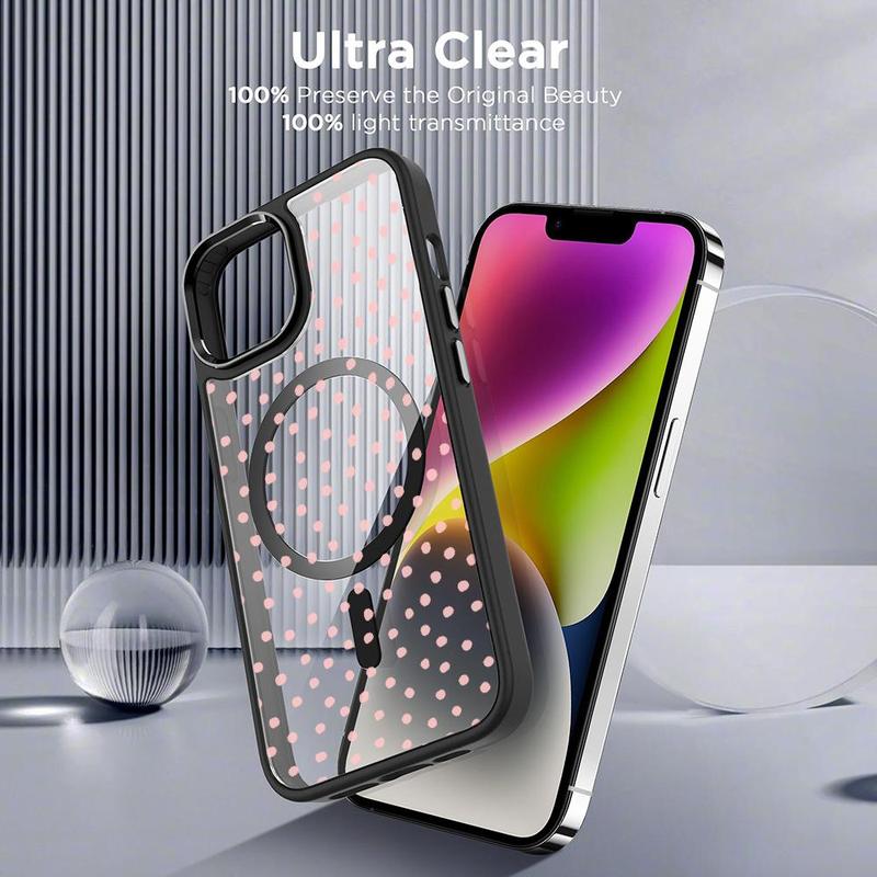 Pink Polka Dots Clear MagSafe Compatible Phone Case & Card Holder Wallet Magnetic Shockproof Cover for iPhone 17 /16 Pro Max Cases for Samsung S25 Black