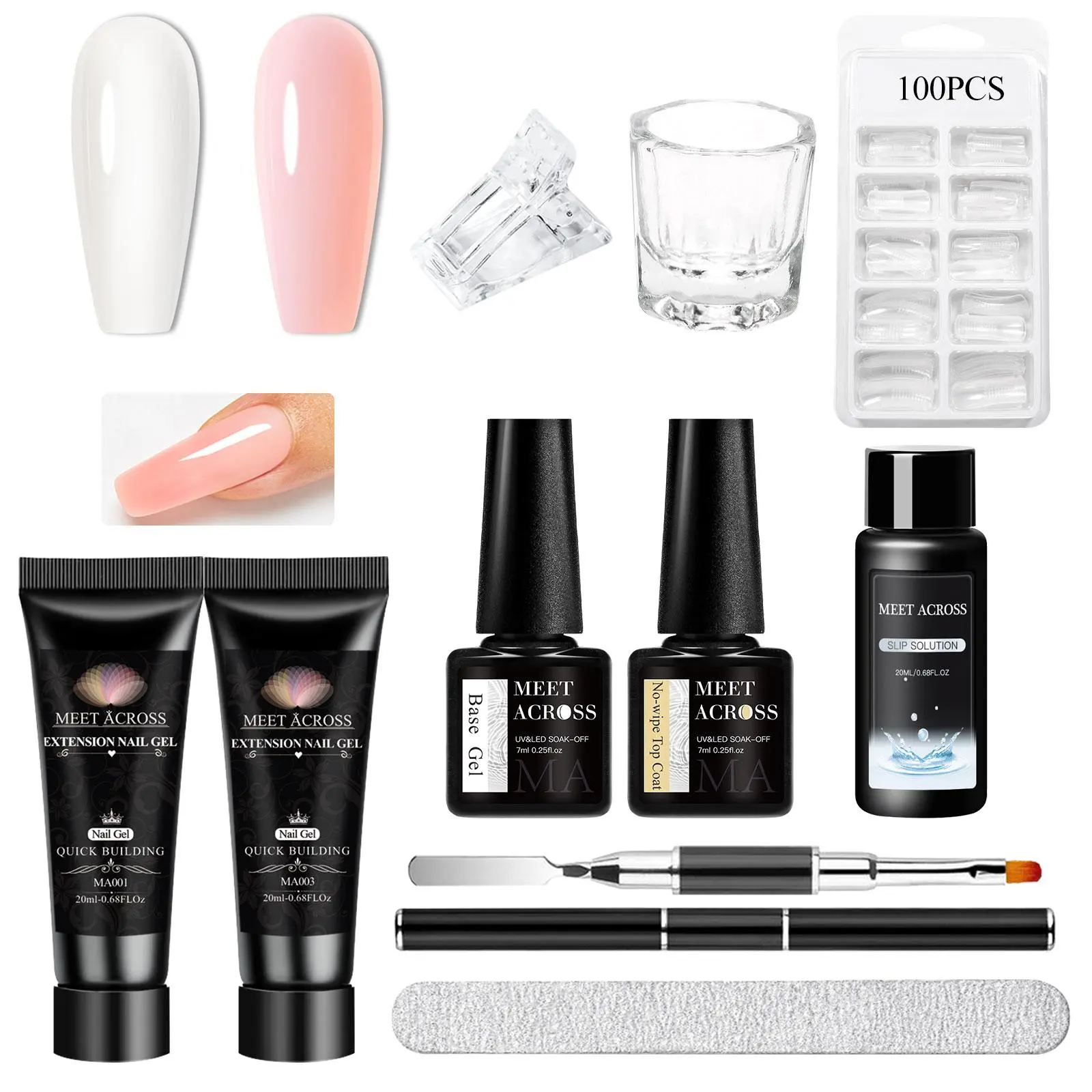 Professional Nail Art Kit, 1 Set Poly Nail Gel Starter Kit with Nail File & Nail Brush & Nail Stick & Nail Tips, Nail Art & Nail Polish Kit, Manicure, UV Gel Set, Polygel Nails