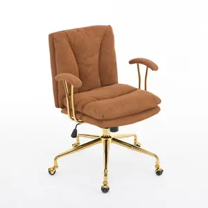 VINGLI Home Office Desk Chair Comfy with Wheels & Removable Armrests,Gold Base Vanity Chair with Back, Adjustable Rolling Swivel Computer Task Chair for Study,Makeup,Office,Bedroom,PU Leather,White