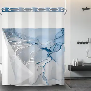 No Hook Shower Curtain with Snap in Liner Blue Marble Shower Curtain and Liner Set Double Layers  Fabric and See-Through Top Window Bathroom Decorative 71x74inch