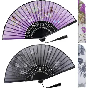 Handheld Folding Fans Floral Hand Held Fans Silk Bamboo Fans with Tassel Chinese Japanese Hand Foldable Fan with Fabric Sleeve for Dancing Wedding Party Props Decoration (2, Black & Purple)