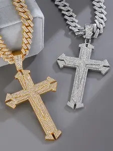 Hip Hop Cross Pendant Necklace, Sparkling Bling Cuban Link Chain Jewelry, Simple Street Style for Men Women, Ideal Gift for Daily Wear, Cross Necklaces