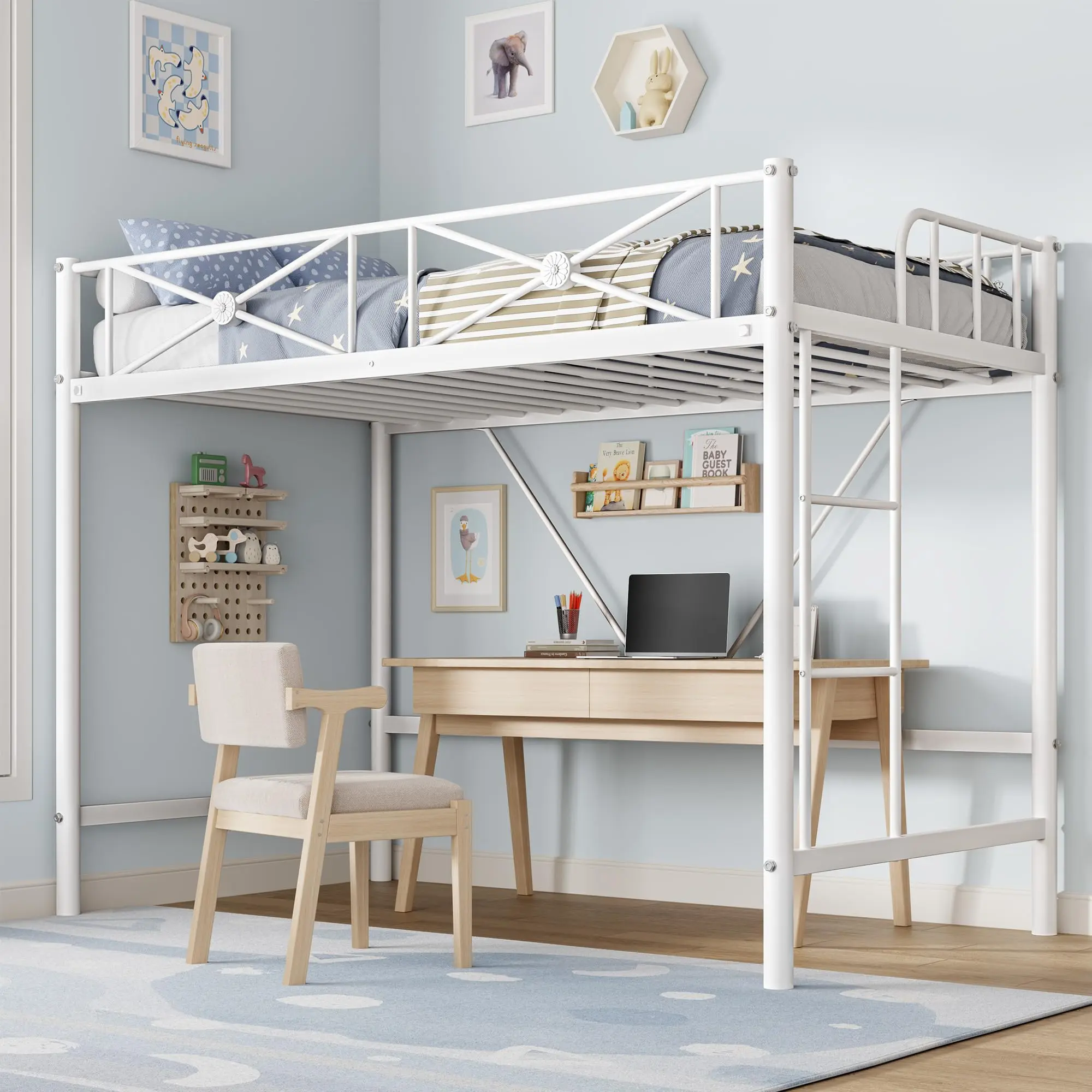 Garvee Metal Loft Bed Twin Size with Heavy Duty Steel Frame 15-inch Guardrail Space-Saving Design for School Bedroom White Grey Black 400-pound Capacity
