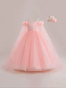 Girl's Appliques Bow Decor Cold Shoulder Satin Tulle Dress, Elegant Cloak Sleeve Zipper Back A Line Dress for Party Performance Show Wear, Spring Dresses, Kids Clothes for All Seasons