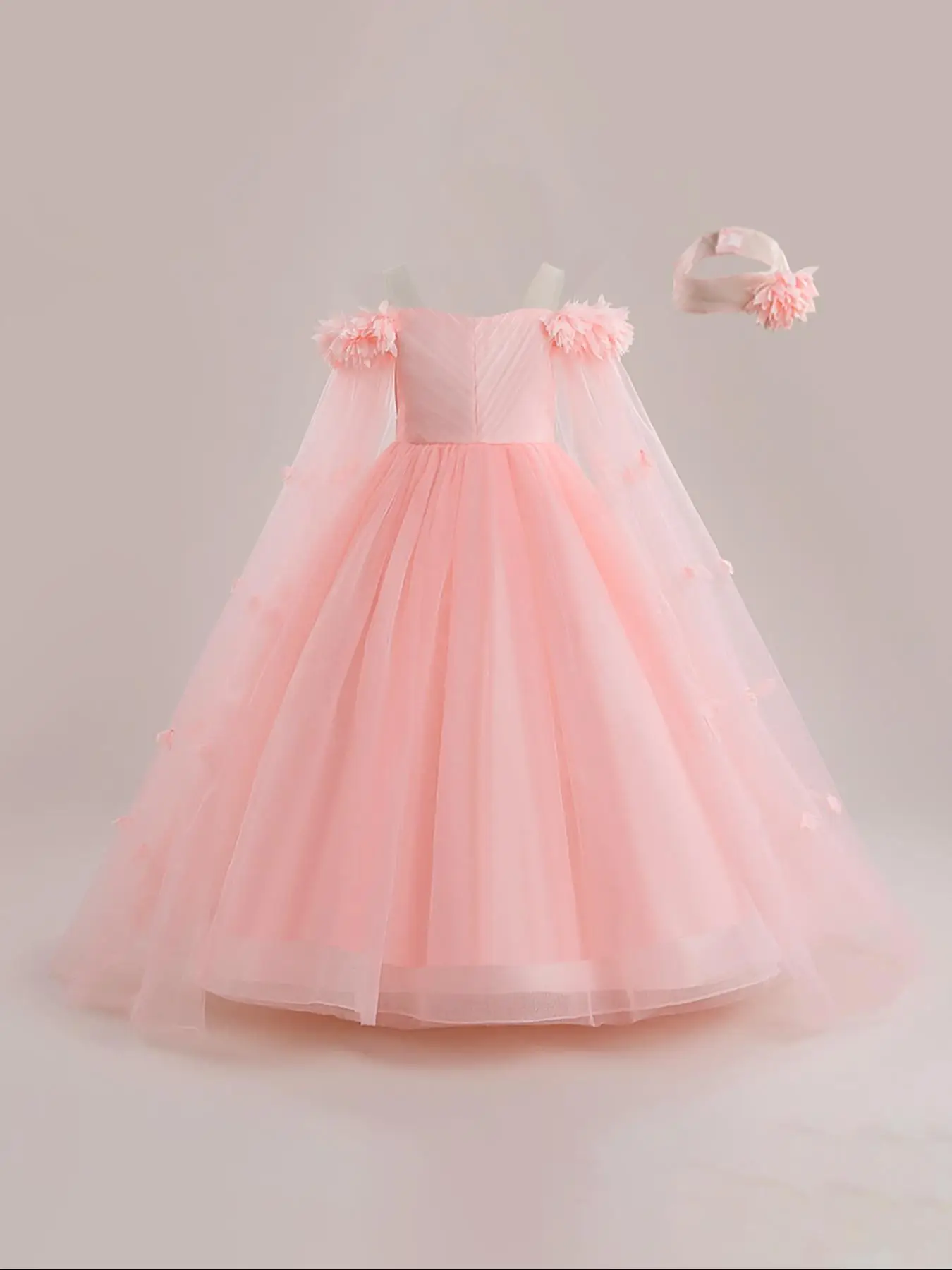 Girl's Appliques Bow Decor Cold Shoulder Satin Tulle Dress, Elegant Cloak Sleeve Zipper Back A Line Dress for Party Performance Show Wear, Kids Clothe