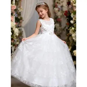 2025 New-end Girls' Princess Gown Single Piece |   Sleeveless 3D Lace Embroidery Long Dress,-Waist Floral & Multi-Layer Tulle Maxi Skirt |   Elegant, Non-Stretch, Solid Color, Zipper Detail |   Perfect Flower Girl