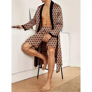 Men's Casual Full-Print Comfort Robe Set - V-Neck, Tie Detail, Machine Washable - Perfect for Spring/Summer/Fall