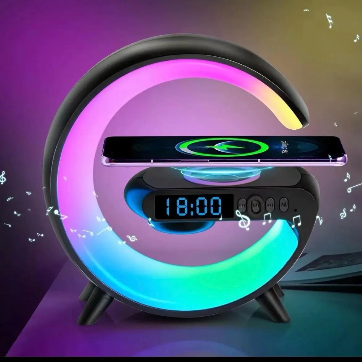 Wireless Charger Portable Smart Loudspeaker with RGB LED Lamp and Clock