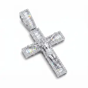 LUXFINE Iced Out Jesus Crucifix Cross Pendant,Solid Metal with Baguette & Round Cubic Zirconia, Silver Plated Hip Hop Religious Necklace Charm for Men