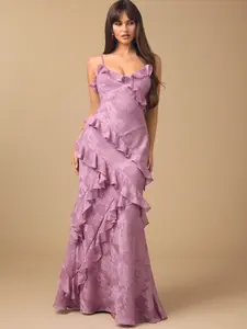 Azazie Deana V-Neck Cascading Ruffle Maxi Wedding Guest Formal Burnout Dress