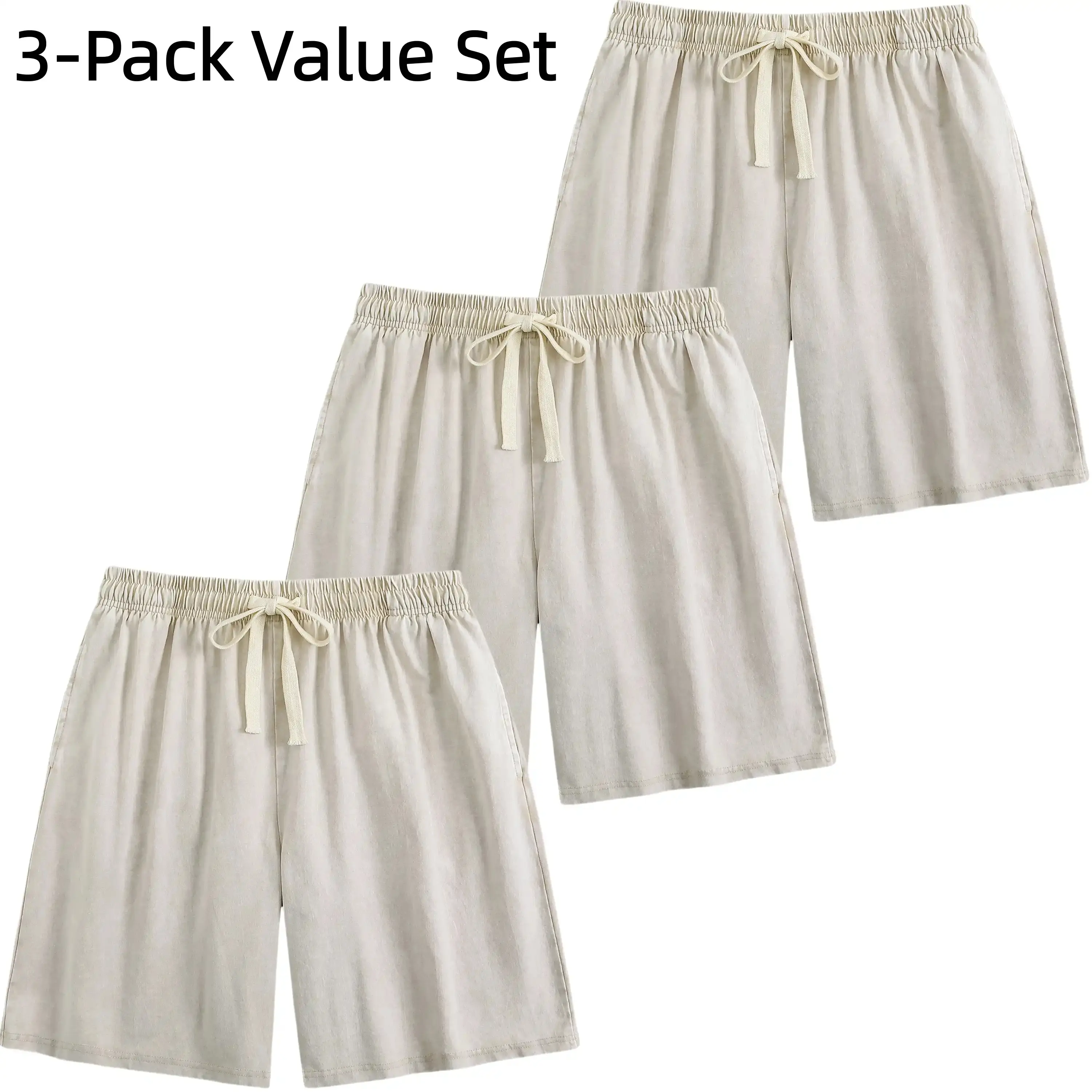 Men's 3-Pack Chic Cotton Shorts, Vintage Washed Knee-Length Athletic Streetwear with Drawstring & Deep Pockets, Thick Breathable Fabric for Summer Golf, Baseball
