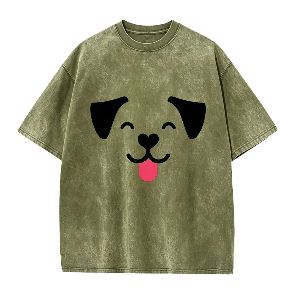 Cute Winking Dog Face Heart Nose Graphic Tee, Heather Green Pet Lover Casual Unisex Short Sleeve Top