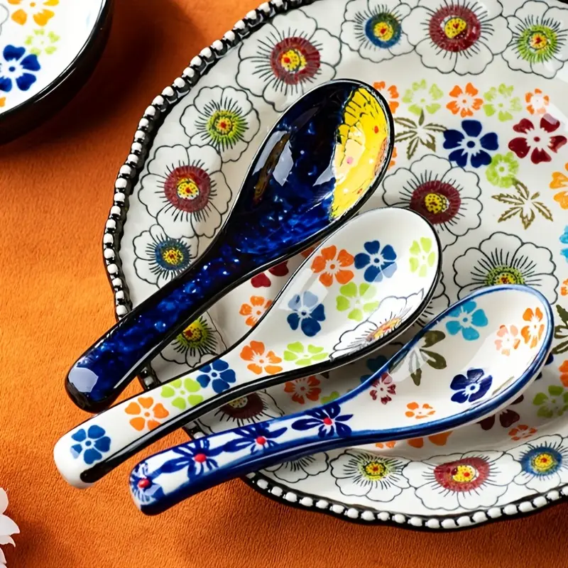 Polish Ceramic Dessert Spoons Set of 4, Traditional Hand-Painted Floral Design, Multipurpose Ceramic Cutlery Tableware Soup Spoons for Home Use