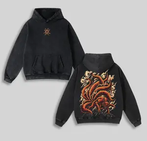 Dark Anime Naruto Hoodie | Kurama Nine Tails Oversized Pullover | Heavyweight Cotton Streetwear | Unisex Chakra Flame Aesthetic Hoodie | Vintage Wash Kurama Hoodie | Anime Fox Demon Hoodie for Him & Her