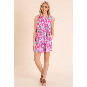 Hot Pink And Blue Print Wrinkle Free Liz Dress