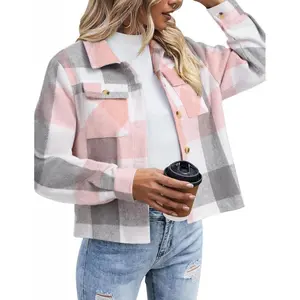 Flannels for Women Cropped Shacket Jacket Fashion Plaid Button Down Shirt 2025 Fall Coat Tops