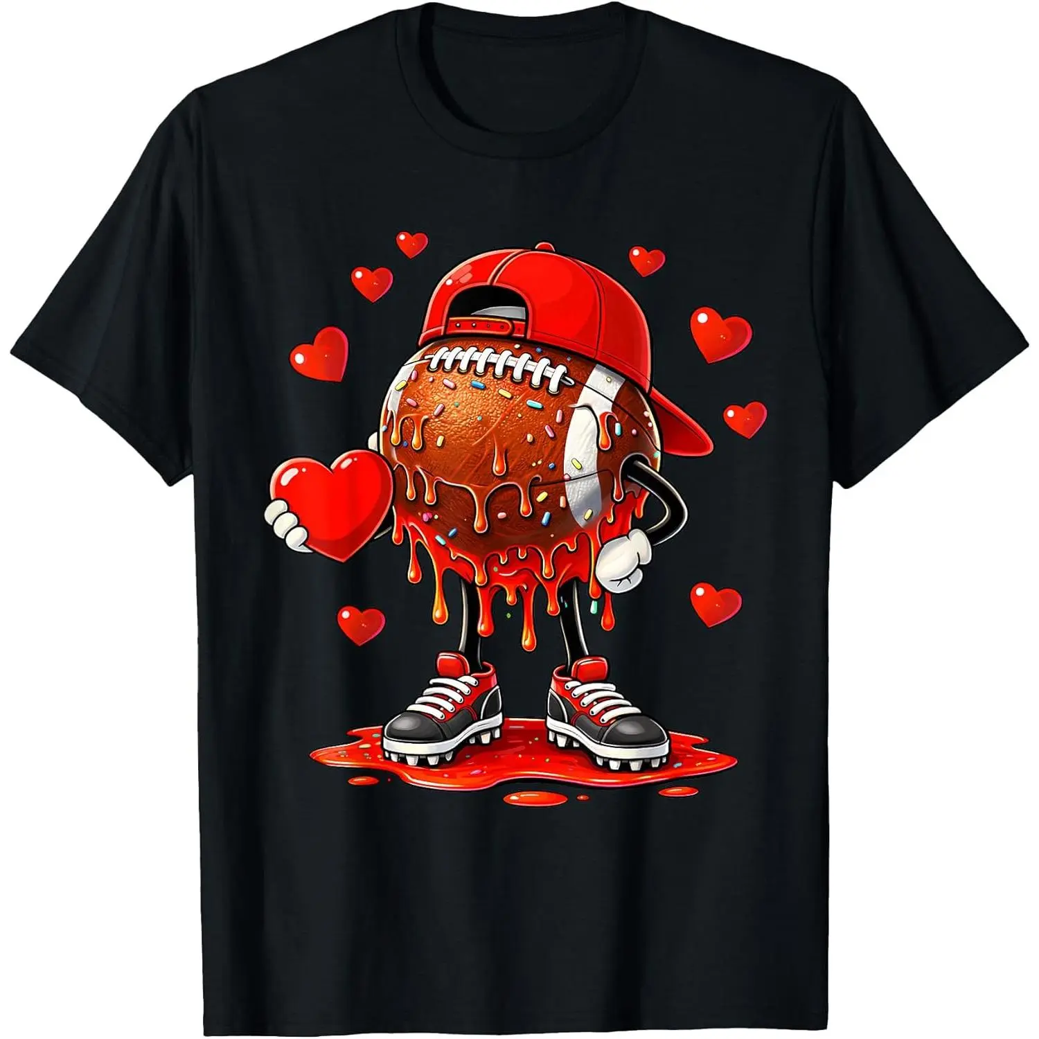 Men's Valentine's Day Football Heart Drip Graphic T-Shirt - Soft Fabric, Comfortable Fit, Funny Sport Love-Themed Piece, Outfits, Casual, Tshirt, Cotton, Print, Everyday, Shortsleeve, Top, Menswear, Tops, Regular Fit
