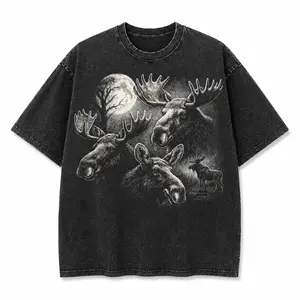 Moose Family Under Full Moon Graphic T-Shirt, Men’s Oversized Vintage Washed Cotton Crew Neck Short Sleeve Tee, Wildlife Forest Outdoor Streetwear