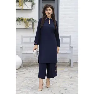 Zaiwa Navy Blue 2PC Ready to Wear Embroidered Linen Suit with Mirror Work LTZ7