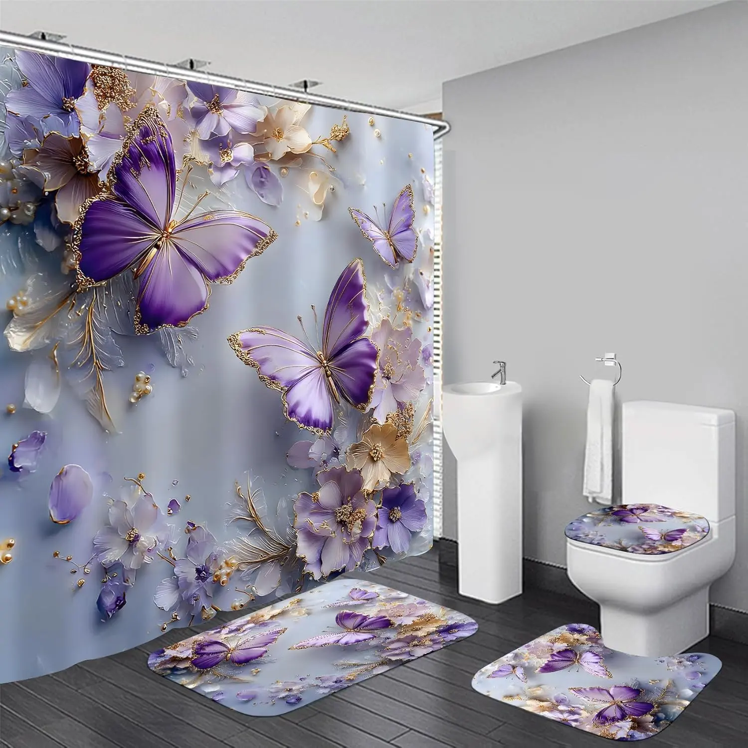 4 Pcs Purple Floral Butterfly Shower Curtain Set with Non-Slip Rugs, Modern Toilet Lid Cover and Bath Mat, Elegant Bathroom Decor Set with Hooks