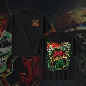 HHN 35 Jack & Oddfellow Chaos and Control Cotton Menswear Top | Smooth Streetwear Prints for Man, Halloween Style Crewneck Horror Shirt
