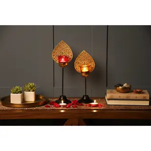 2-Piece Decorative Gold Filigree Leaf & Peacock Metal Pedestal Glass Cup Candle Holders with Removable Design, Home Decor Ornaments