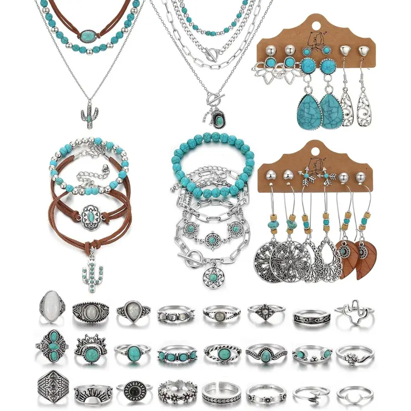 Bohemian  Set With Turquoise Necklace, Dangle Earrings, Stackable Bangle Bracelets, Knuckle Rings For Women  Western Boho Turquoise Anniversary Birthday Friendship