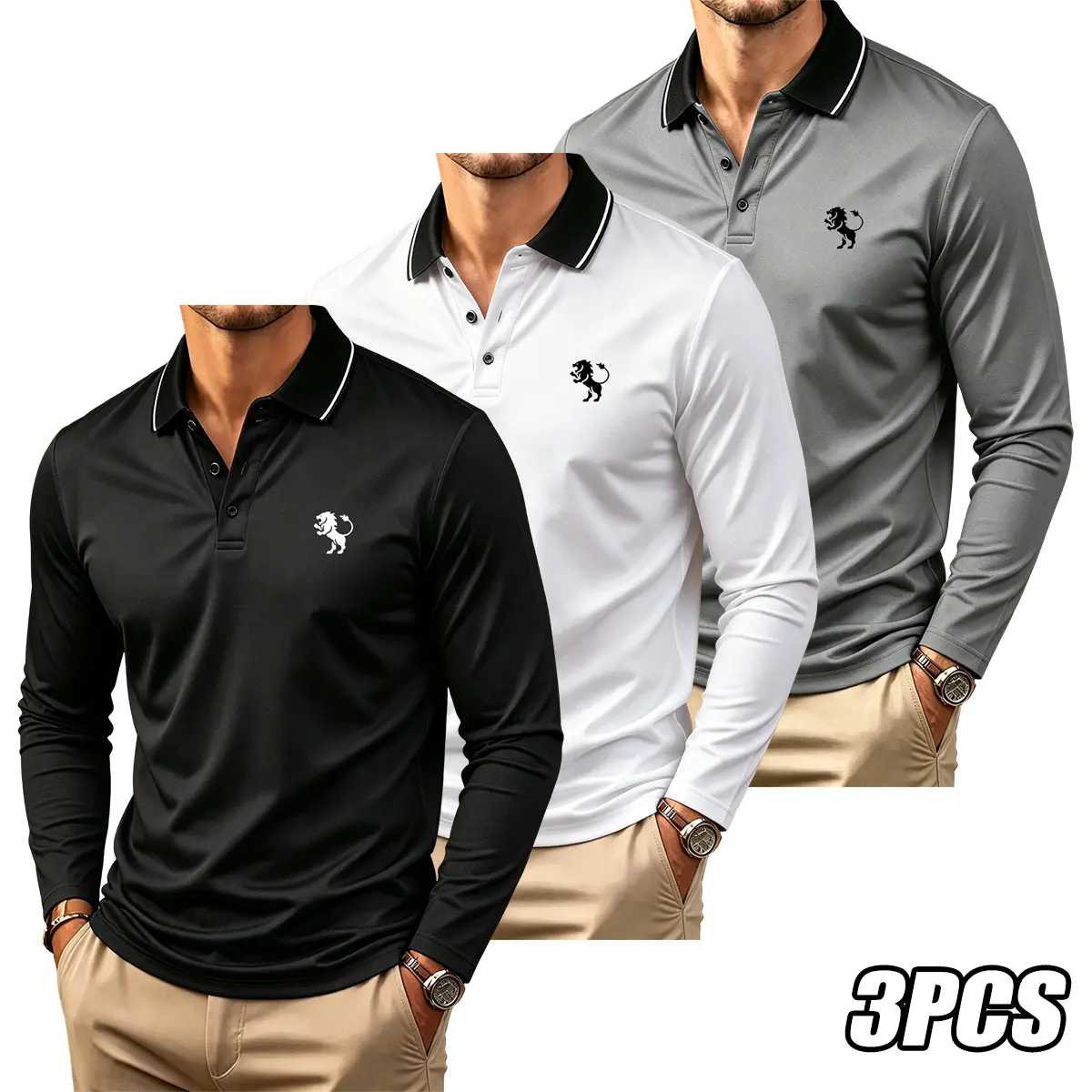 Men's 3-Pack Long Sleeve Polo Shirts, Turn-Down Colorblock Collar Polyester Pullovers, Lightweight Athletic Chic Base Layer, Button-Front Standard Sizes Tops for Casual Sports & Office Wear