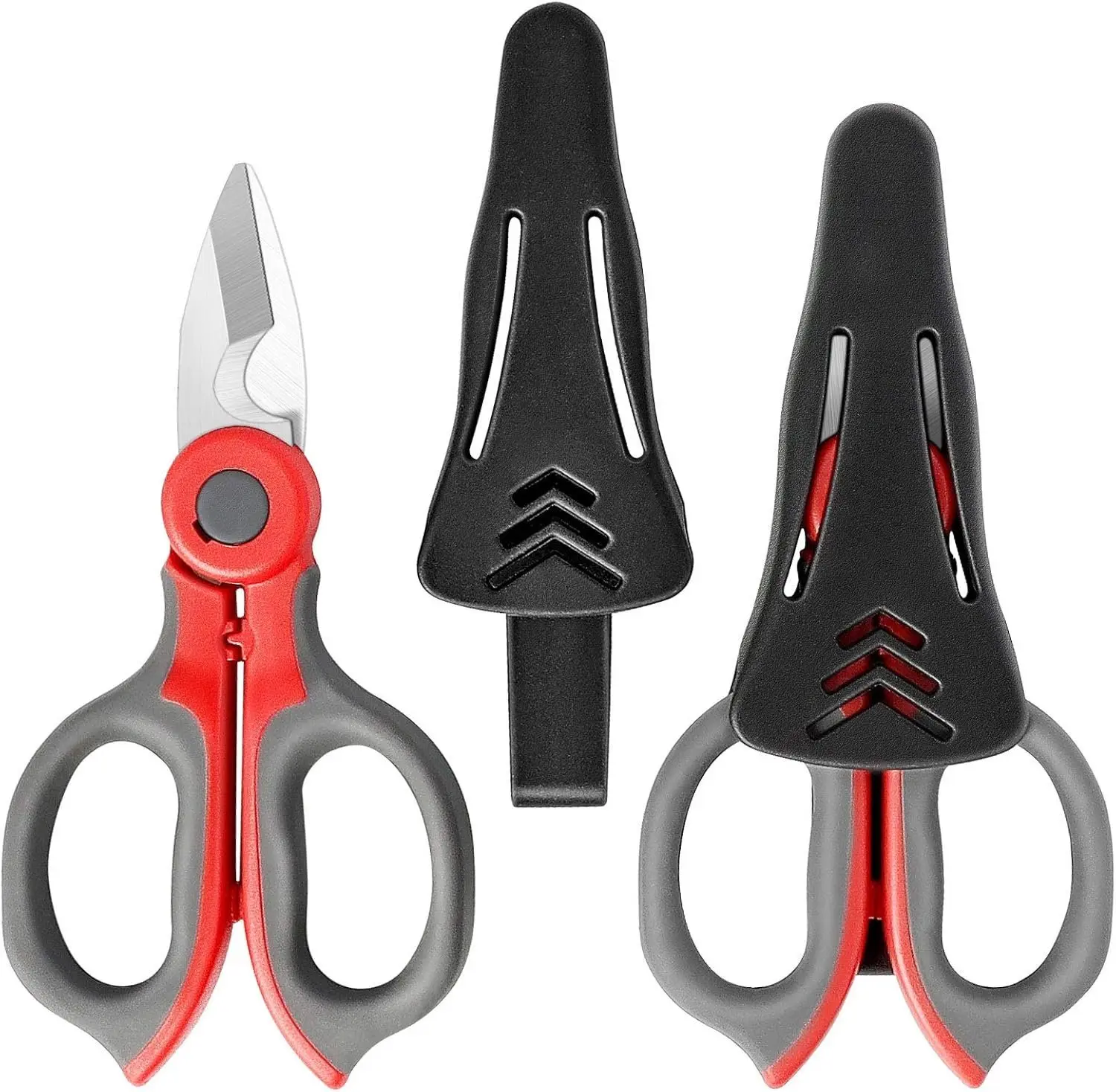 2-Pack Serrated Electrician Shears (Gray/Red) - 6.1 Inch (16cm), 99g, Heavy Duty Stainless Steel, Soft Rubber Grip, Protective Cover, Cable Stripping Function, Rounded Tip Design
