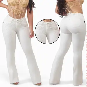B72-94 White Pearl Flare Jeans  Colombian • Stretch • Luxury Details