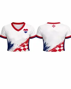 Croatia Soccer Croptop Jersey | Women Football Fan Shirt | Red White Checkerboard Fan Tee