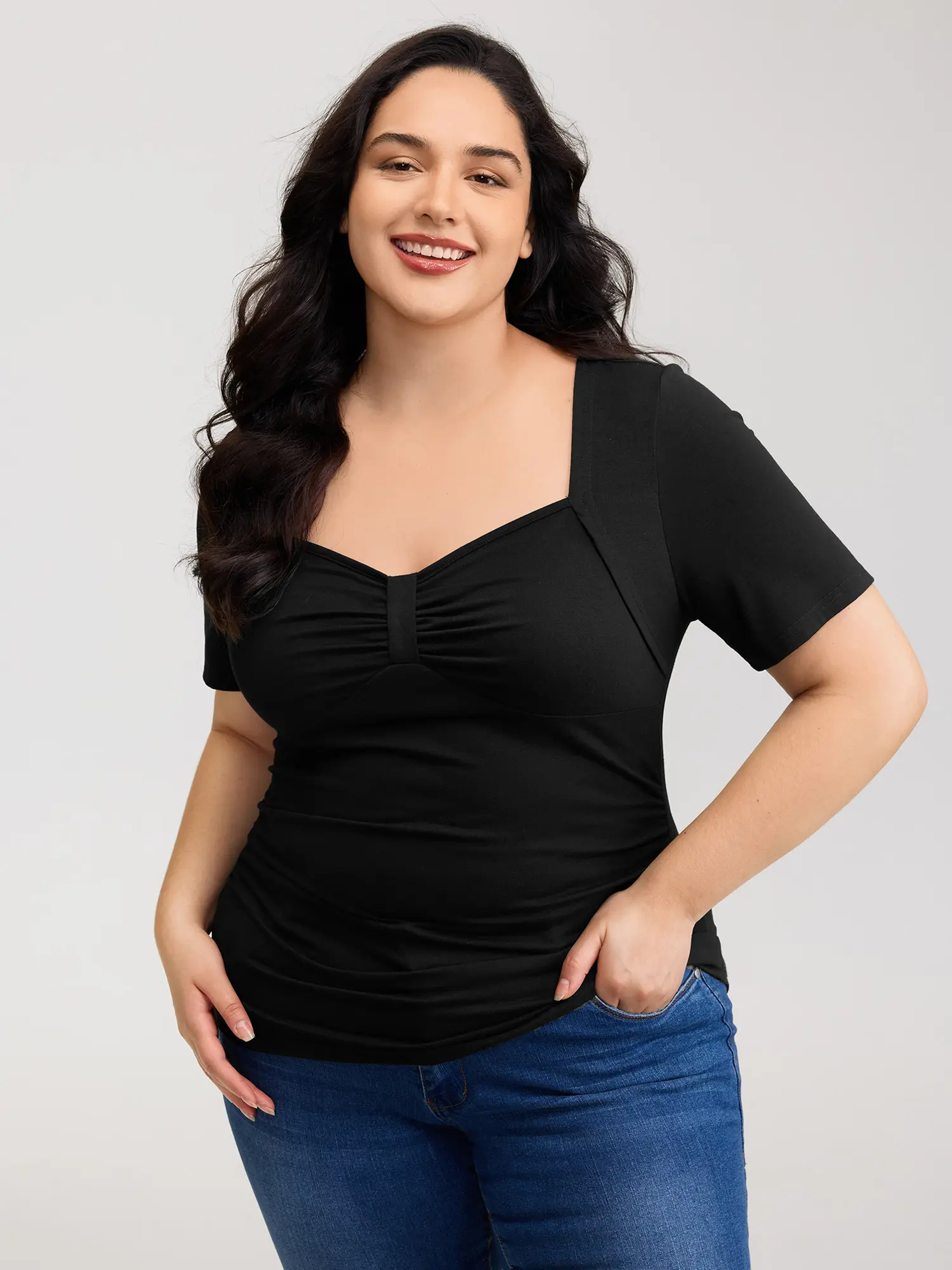BLOOMCHIC Plus Size Women's Stretchy Ruched Asymmetrical Neck Shortsleeve Blouse - Polyester Spandex Curvy Lightweight Oversized Minimalist Basic Tops, Great Fit [M-6X] 2026 Summer Casual Plus Size Tops,SummerfindsFit Tshirt