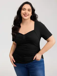 BloomChic Plus Size Women's Stretchy Ruched Asymmetrical Neck Short Sleeve Shirt Blouse - Polyester Spandex Curvy Fabric, Lightweight Oversized Minimalist Fashion Style Casual Basic Top with Great Fit, [M-6X] 2026 Summer Pick,summervibes