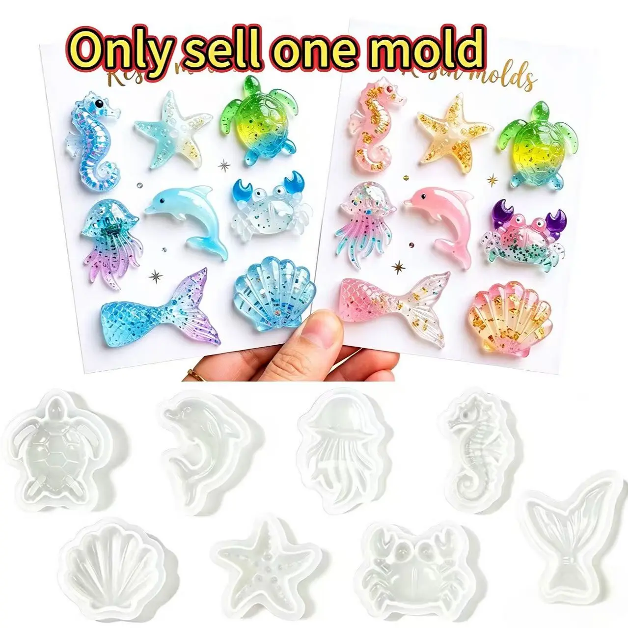 New Ocean Animal Silicone Mold, DIY Resin Casting Molds, Shell Fish Tail Jellyfish Seahorse Starfish Dolphin Crab Turtle Pendant Making Tool
