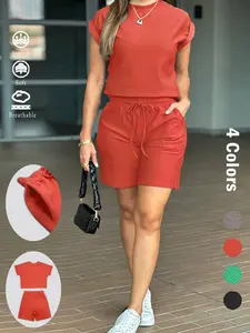 Women's Solid Short Sleeve Top & Drawstring Waist Shorts Set, Casual Fashion Cozy Breathable Two-piece Set for Daily Outdoor Wear, Women Clothes for Summer