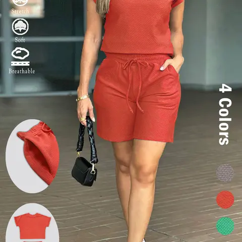 Women's Solid Short Sleeve Top & Drawstring Waist Elastic Shorts Set, Casual Fashion Cozy Breathable Two-piece Set for Daily Outdoor Wear, Women Clothes for Summer