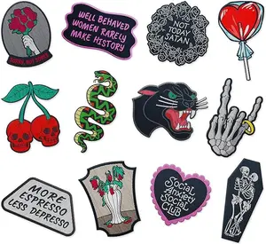Iron On Patches for Clothing | Set of 12 Cool Punk Patches for Jeans, Jackets and Clothes | Trendy Hippie Embroidery Sew On Spooky Iron On Patches Teen Girl (Set 6)