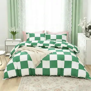 3pcs Chessboard Geometric Green Pattern Bedding Set, Includes 1 Duvet Cover + 2 Pillowcases, No Core, Full Size, Ideal for Dormitory Bedroom Hotel, Duvet Cover Sets